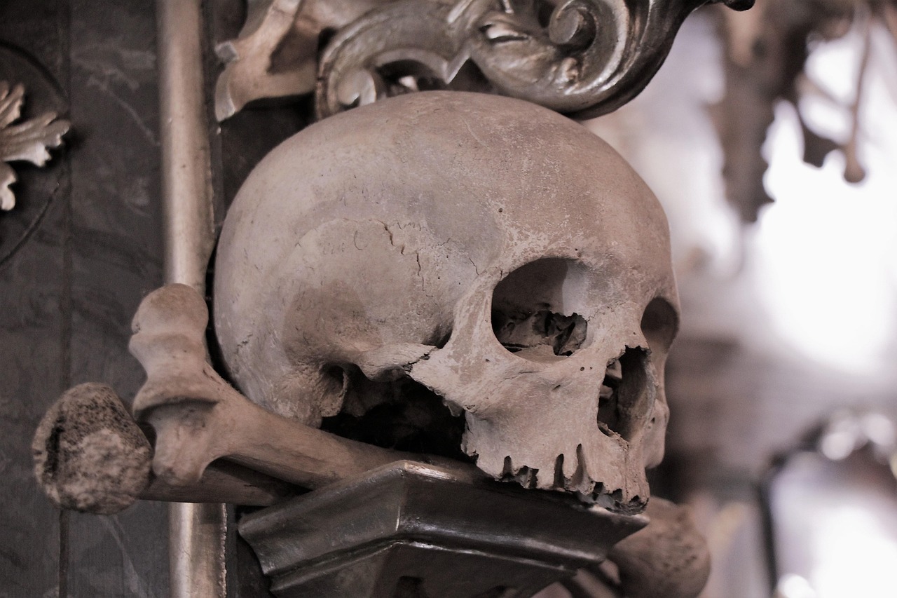 Close-up of a skull and crossed bones inside the Sedlec Ossuary