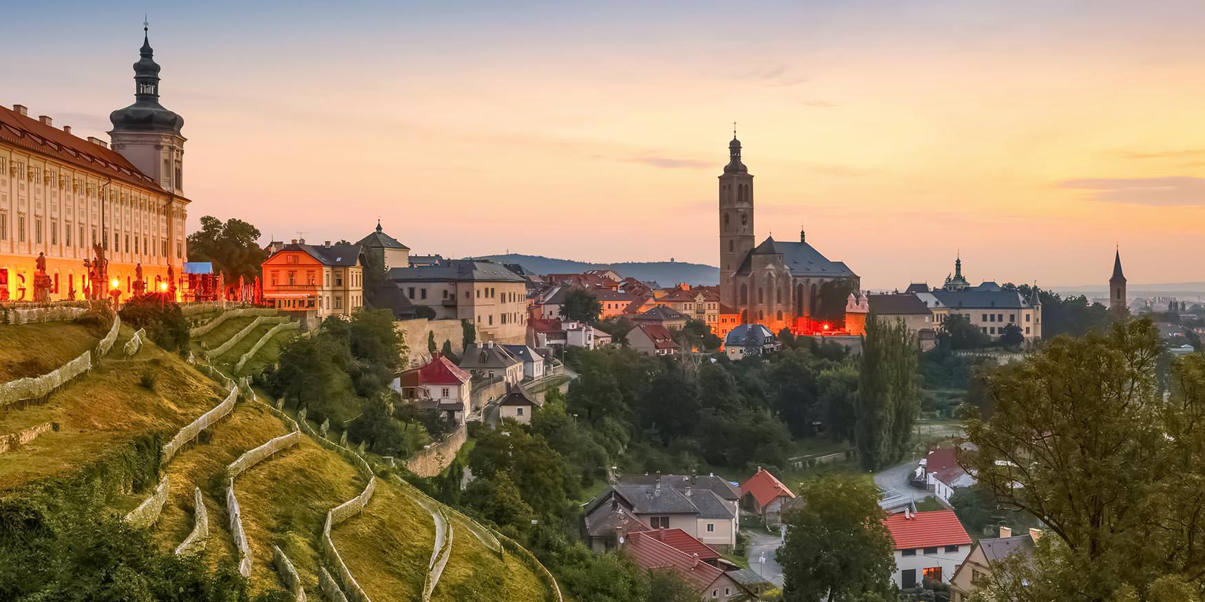 Kutná Hora skyline at dusk, with the Church of St. James rising above the old town